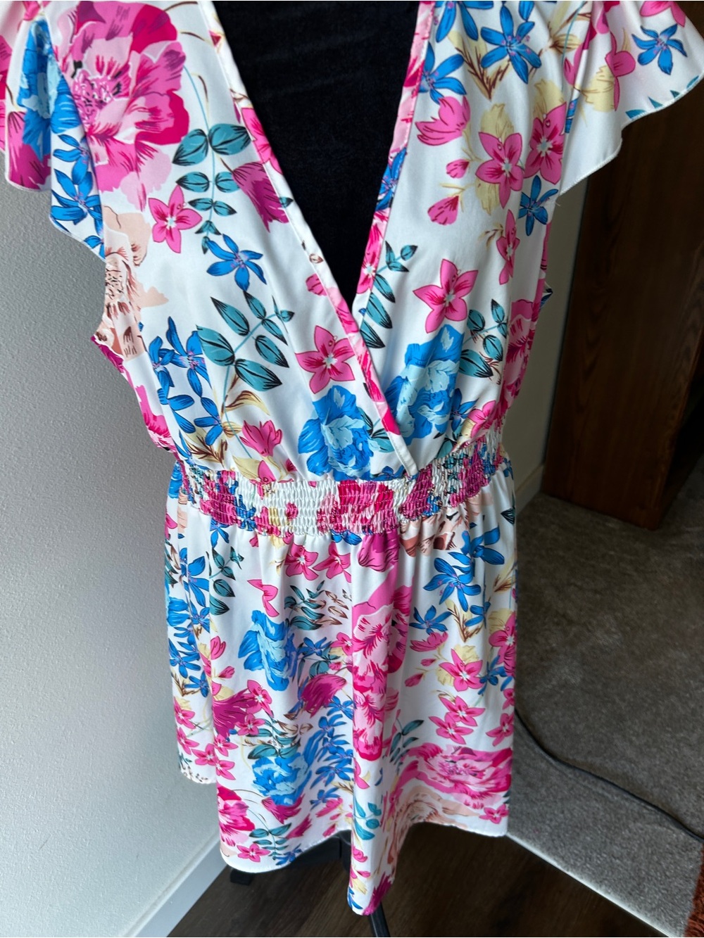 SHEIN White Floral Mini Dress with Pink & Blue Blooms